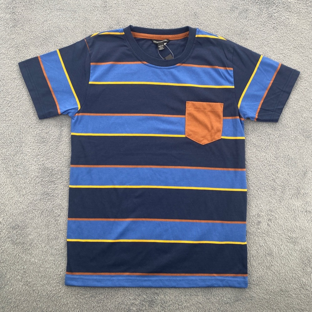 Distortion T-Shirt Kids Medium 10/12 NWT Blue Striped Pocket Crew Neck 4KC1339B